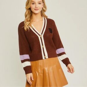Love Tree Brown and Cream Cardigan with Purple Accents